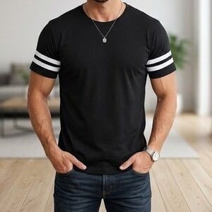 Royal Avalon Mens XL Black Cotton T-Shirt Striped Sleeve‎ Football Jersey Style